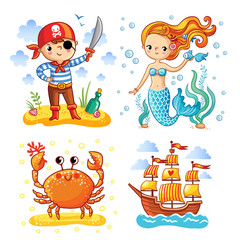 Set of vector illustrations on the theme of the sea and summer. Young pirate with the ball. Mermaid with long hair among the seaweed. Crab on a sandy island. Sailing ship in the sea.
