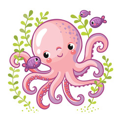 Fototapeta premium Cartoon young octopus surrounded by small sea fish and seaweed. Vector illustration in cartoon style for summer sea theme.