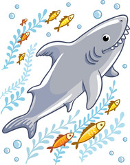 Naklejka premium Cartoon shark in the sea surrounded by little fish. Vector illustration in cartoon style for summer sea theme.