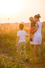 Fototapeta premium Beautiful young woman with two boys on the daisy meadow on a sunny day. Happy family on summer sunset. Kid boy giving flower to his mother. Mum with baby and kid.