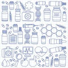 Pharmacy and medicine doodle vector pictures