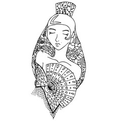 uncolored vector spanish girl in doodle style. Can be used as adult coloring book, card, invitation.