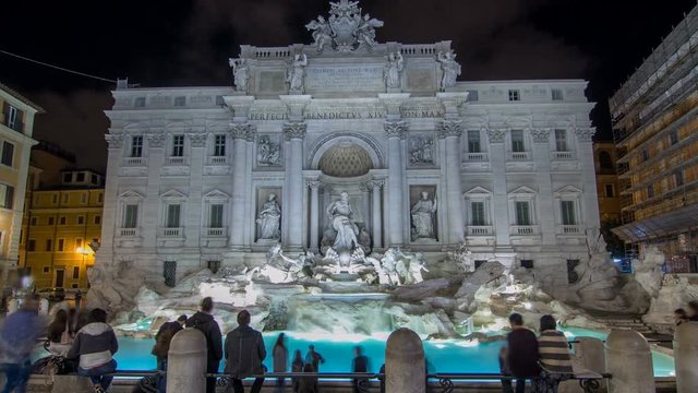 The famous Trevi Fountain at night timelapse hyperlapse.