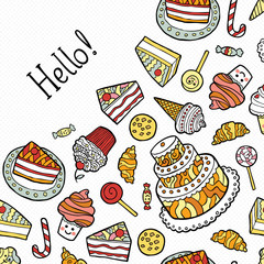 Greeting Card with doodle sweets on dotted background.