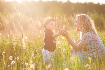 Cute little toddler boy in a straw hat holding his mother's hand and blowing dandelion. Adorable child walking with his mom in park on sunny summer day. Family on sunset. Childhood, motherhood concept