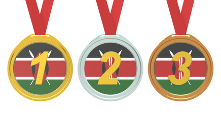 Gold, Silver and Bronze medals with Republic of Kenya flag, 3D r