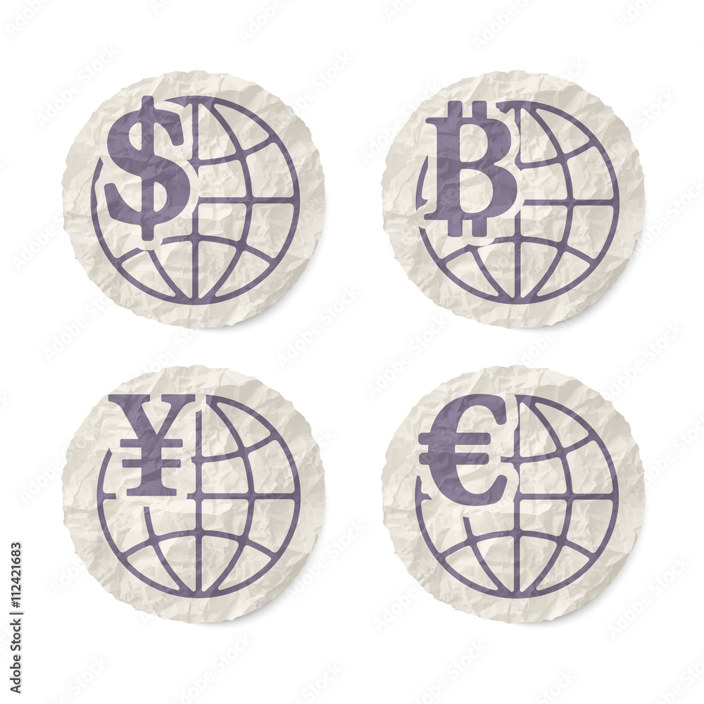 Poster crumpled slip of papers and a different currency icons