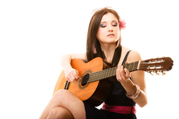 Music lover, summer girl with guitar isolated