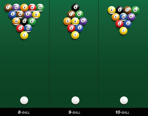Billiard starting positions - eight-ball, nine-ball and ten-ball. Three-dimensional vector illustration on green gradient background.