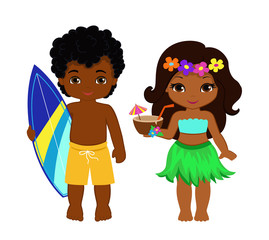 Illustration of cute boy with surfboard and Hawaiian girl with cocktail.