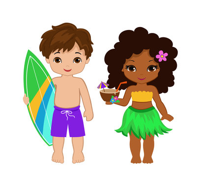 Illustration of cute boy with surfboard and Hawaiian girl with cocktail.