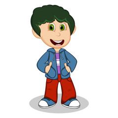 Little boy wearing a blue jacket and red trousers style cartoon
