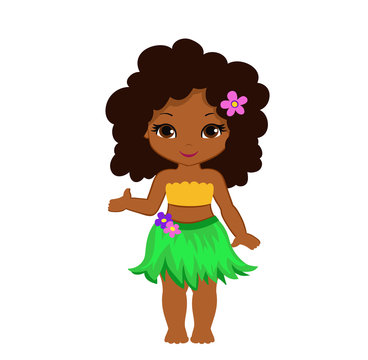 Illustration Hawaiian girl indicates hand on something.