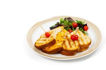 Macaroni and Cheese Sandwich on White Background. Selective focus.