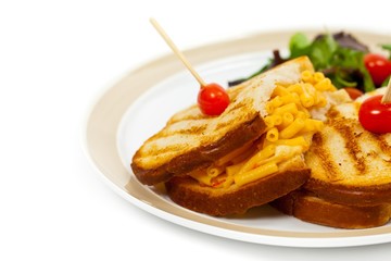 Macaroni and Cheese Sandwich on White Background. Selective focus.