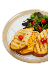 Obraz na płótnie Canvas Macaroni and Cheese Sandwich on White Background. Selective focus.
