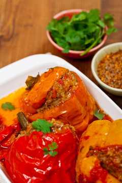 Baked Stuffed Red Bell Pepper with Meat and Rice. Selective focus.