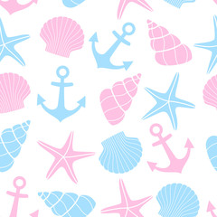 Cute marine life Background. Nautical seamless pattern with starfish, shell, anchor on white background. Baby shower vector illustration. Sea theme. Design for fabric and decor. © in_dies_magis
