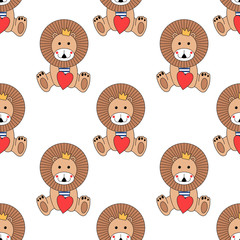 Baby lion with red heart seamless pattern on white background. Cute animal vector background. Child drawing style cartoon lion king. Cute design for print on baby's clothes.