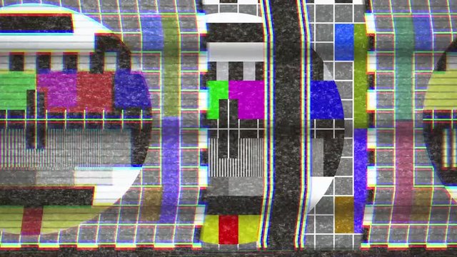 4k analogue old CRT TV test card with color bars, full of noise, static, grain, scanlines.
