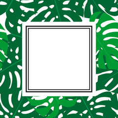 Tropical leaves illustration with space for text. Bright summer card with frame. Cute vector monstera leaves background. Fashion jungle illustration. Summer tropical style banner and flyer.