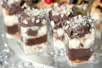 Sweet Dessert. Chocolate, nuts and berry pudding in small plasti