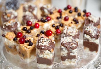 Sweet Dessert. Chocolate, nuts and berry pudding in small plasti