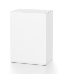 White vertical rectangle blank box from top front far side angle. 3D illustration isolated on white background.
