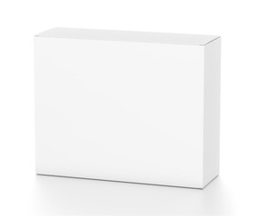 White horizontal rectangle blank box from top front far side angle. 3D illustration isolated on white background.