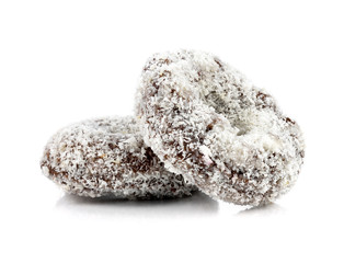 Coconut chocolate donut isolated on white