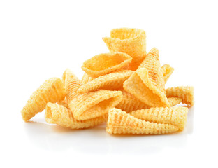 Crunchy corn snacks on a white background