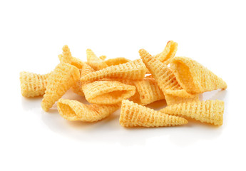 Crunchy corn snacks on a white background