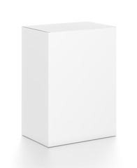 White vertical rectangle blank box from top front side angle. 3D illustration isolated on white background.