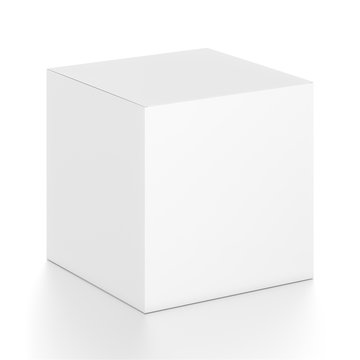 White cube blank box from top front side angle. 3D illustration isolated on white background.