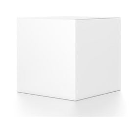 White cube blank box from side angle. 3D illustration isolated on white background.