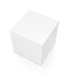 White cube blank box from top side angle. 3D illustration isolated on white background.