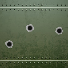Holes from the shots on the green plate of armor metal. Stock ve
