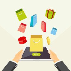 Online shopping or e-commerce concept illustration. Buying online with mobile phone. Flat design illustration concept.
