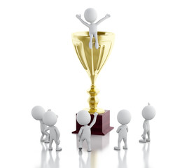 3d White people on top of trophy. Success concept.