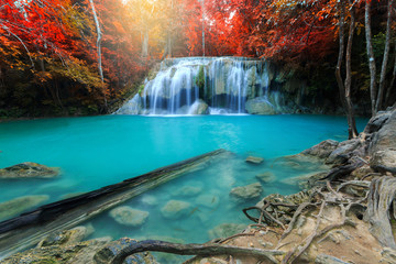 Erawan Waterfall, beautiful waterfall in deep forest, Erawan National Park in Kanchanaburi, Thailand