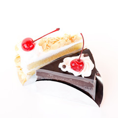 Piece of layer cake on white background