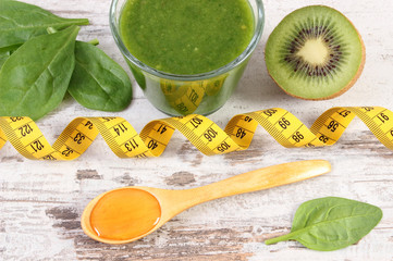 Ingredients, fresh cocktail from spinach and centimeter on wooden background, healthy nutrition and slimming