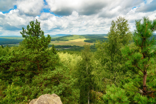 View of forest, mountains, fields from Lipovaya Mount