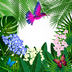 Floral design background. Tropical flowers, birds and butterflie
