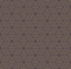 Geometric brown and golden vector pattern with hexagonal dotted elements. Seamless abstract modern pattern