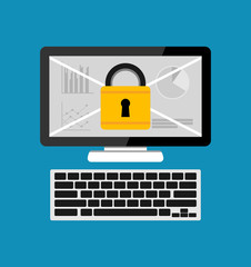 Computer with padlock. Personal computer security. Flat design.
