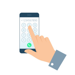 Dial number concept. Flat illustration of smartphone and hand. Businessman touching buttons with numbers on the mobile phone screen to make a phone call. Vector infographic element for web, print.