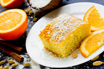 Basbousa (Namoora) - Egyptian semolina cake with orange