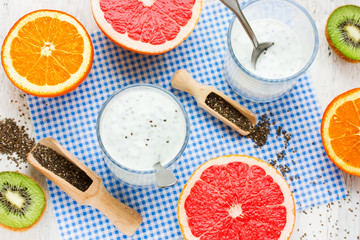 Chia seed pudding with yoghurt and fresh exotic fruits