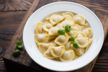 Ravioli in bouillon, selective focus, close-up